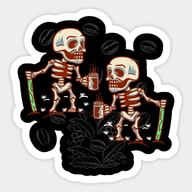 Skeleton With Smiling Skull Drinking Coffee Sticker by Officail STORE